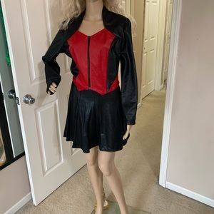 1980’s Black Red Pleather Jacket Skirt Suit Medium